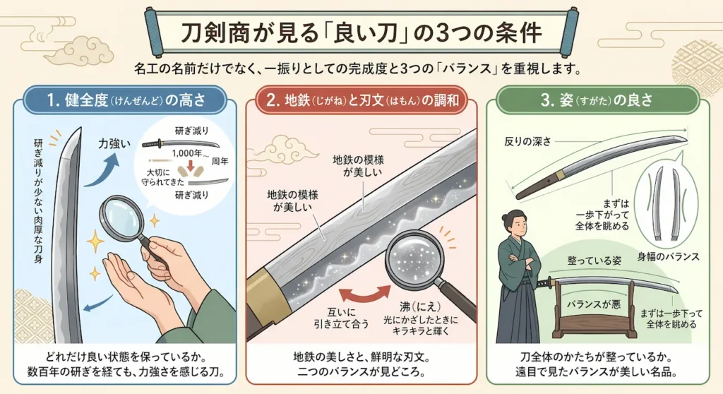 良い刀を見極める3つの視点を示した図