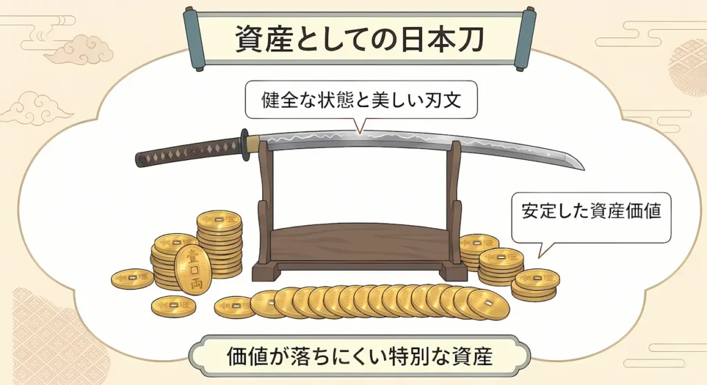 刀掛けに置かれた日本刀と小判のイラスト。資産としての日本刀を象徴する図
