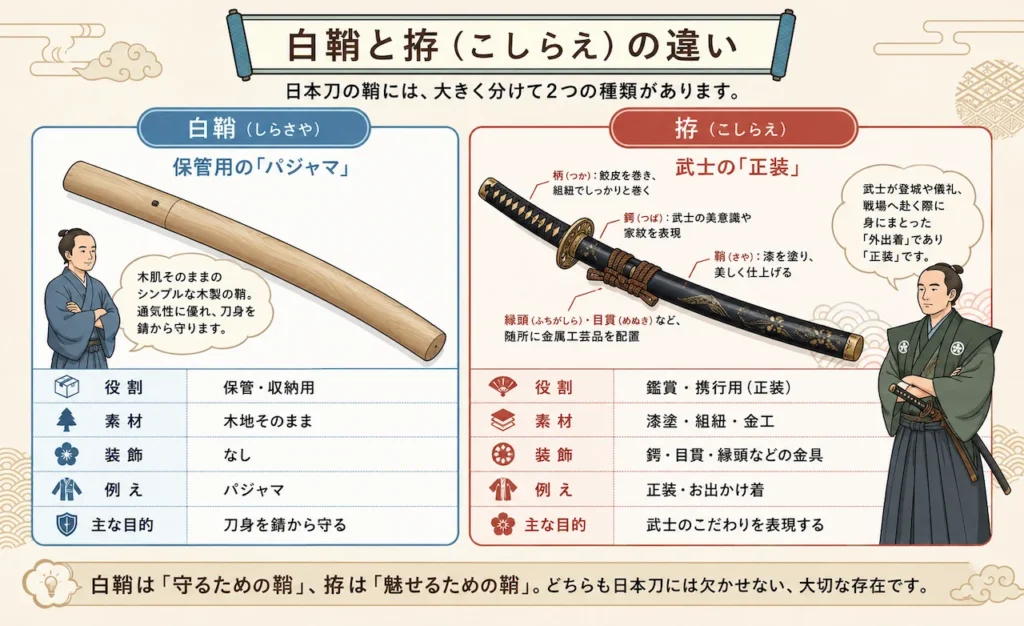 白鞘と拵の違いを示したイラスト