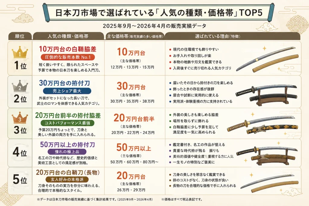 日本刀市場で選ばれている人気の種類・価格帯TOP5ランキング（2025年9月〜2026年4月の販売実績データ