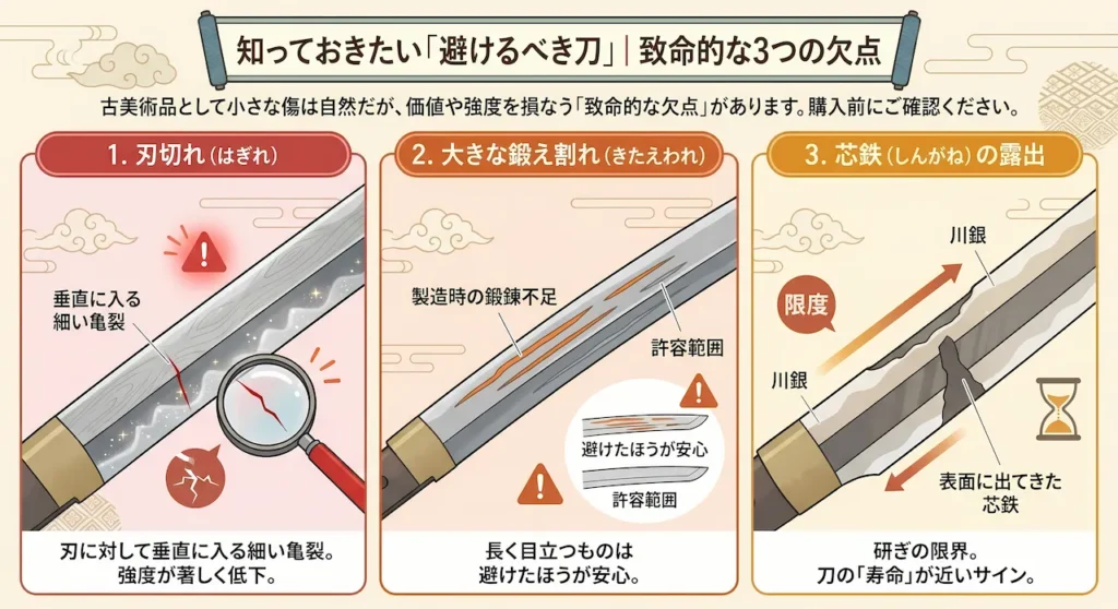 日本刀の構造と、刃切れ・大きな鍛え割れ・芯鉄の露出という避けるべき3つの欠点を示した模式図