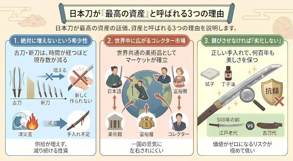 日本刀が最高の資産と呼ばれる3つの理由(希少性・世界のコレクター市場・劣化しない)を示したインフォグラフィック