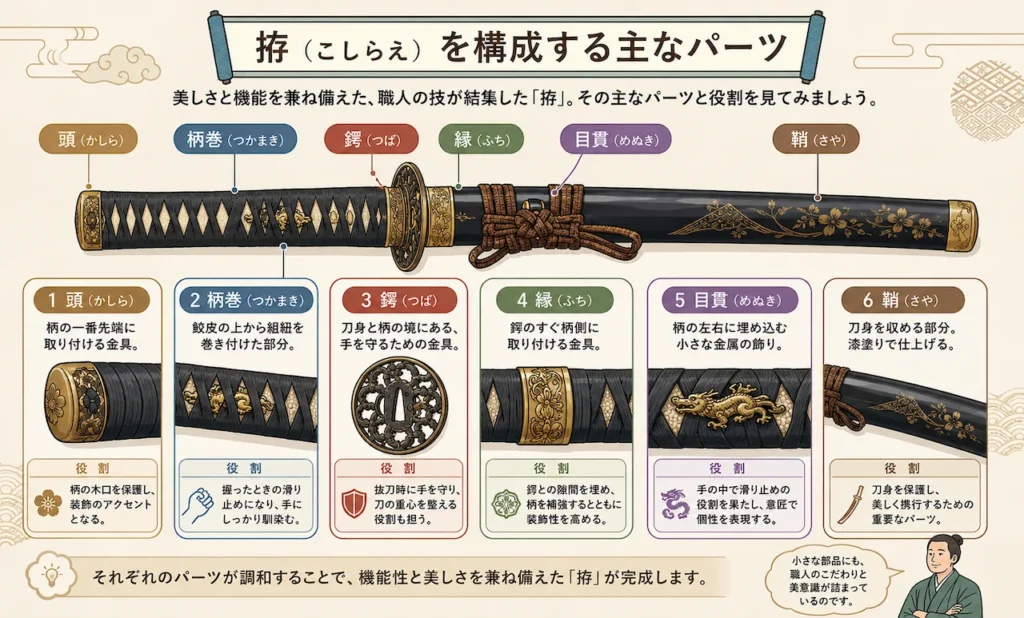 拵を構成する主なパーツの解説図