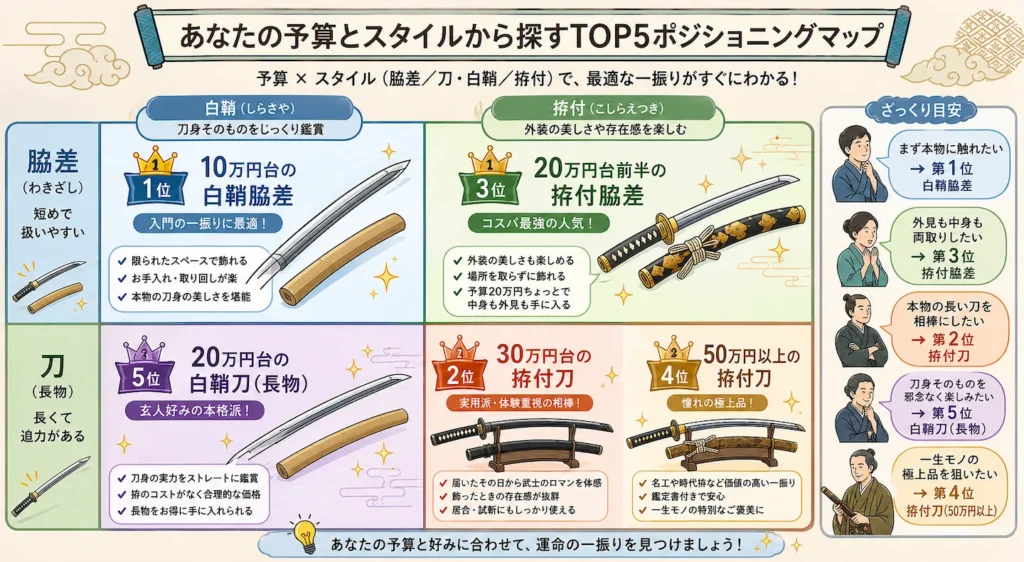 あなたの予算とスタイルから探すTOP5ポジショニングマップ。脇差／刀、白鞘／拵付のマトリクスで日本刀の人気カテゴリを一覧で比較