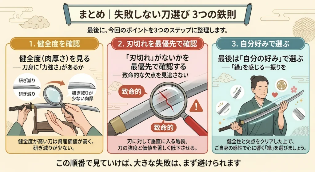 失敗しない刀選びの3ステップ。健全度を確認、刃切れの有無を確認、好み・相性で選ぶ、という流れを示した図