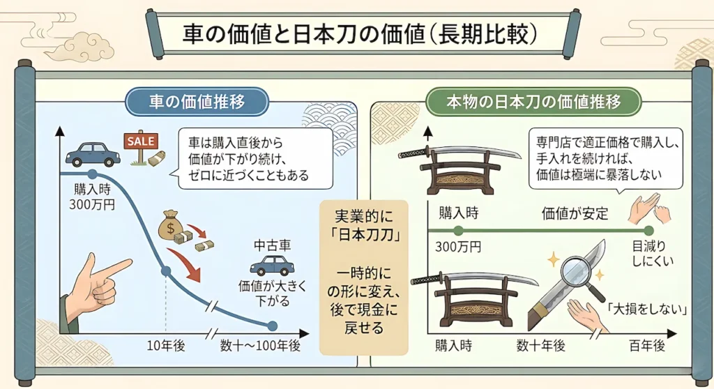 時間の経過とともに車の価値は大きく下がるのに対し、本物の日本刀の価値は安定して横ばいで推移することを示した比較グラフ