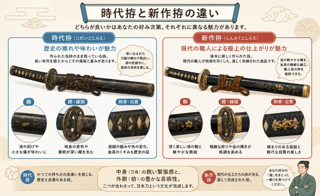 時代拵と新作拵の特徴を比較したイラスト。時代拵は歴史の擦れや味わい、新作拵は現代の職人による極上の仕上がりが魅力