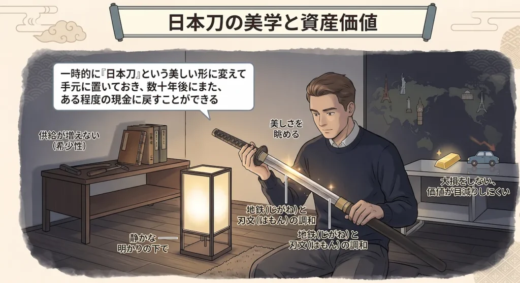 静かな明かりのもとで日本刀を手に取り、その美しさを眺める人物のイラスト