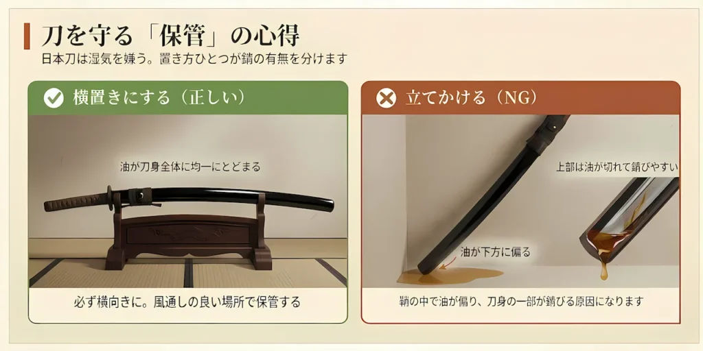 日本刀の正しい保管方法（横置き）と誤った保管方法（立てかけ）を比較したイラスト
