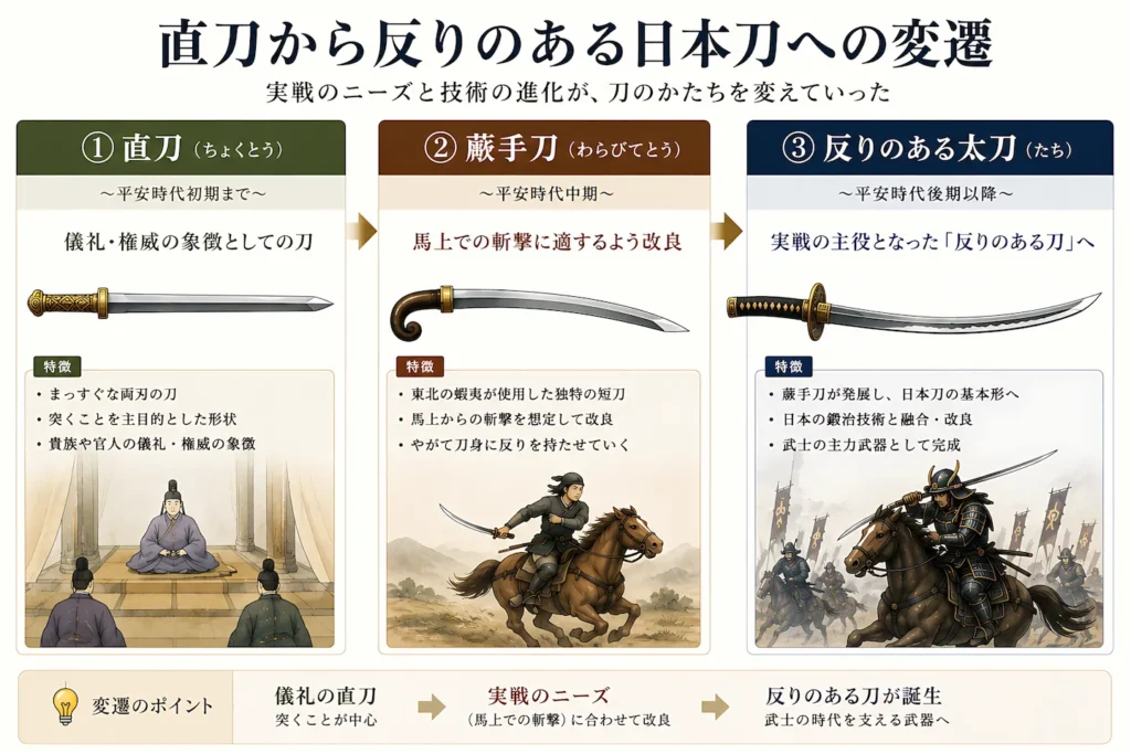 直刀から反りのある日本刀への変遷図。直刀・蕨手刀・反りのある太刀という3段階の刀身のかたちを比較