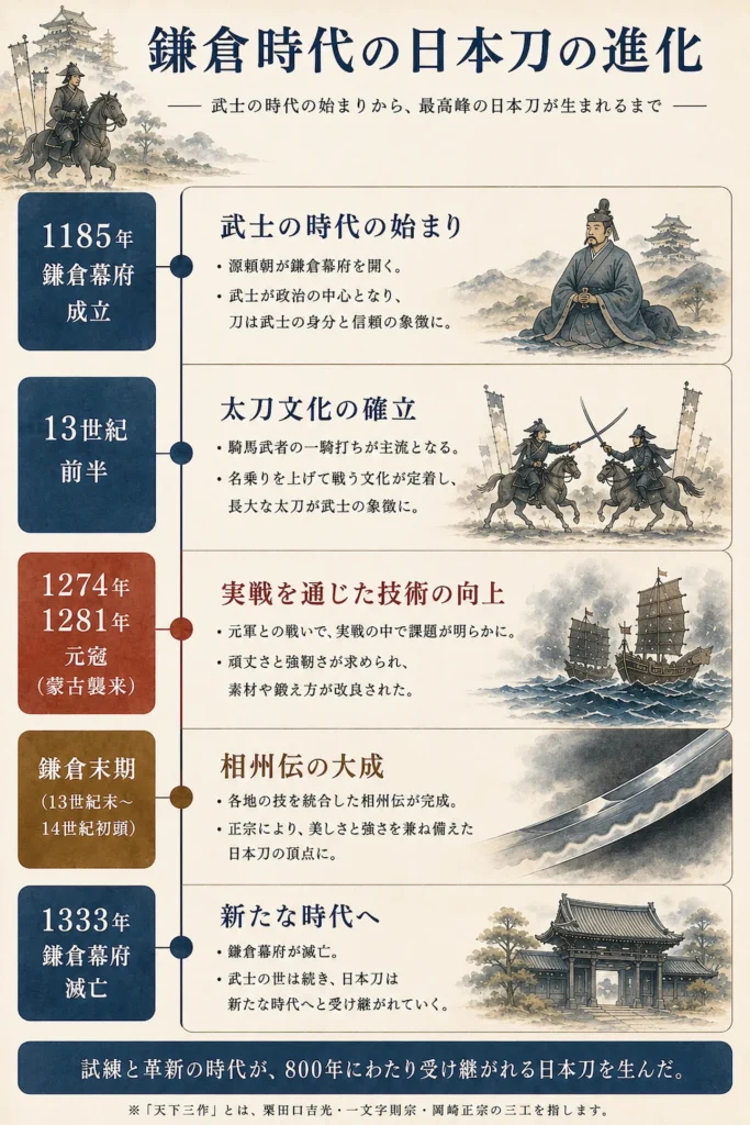 鎌倉時代の日本刀の進化を示す年表。1185年の鎌倉幕府成立から、13世紀前半の太刀文化、1274・1281年の元寇、鎌倉末期の相州伝の大成、1333年の幕府滅亡までの流れ