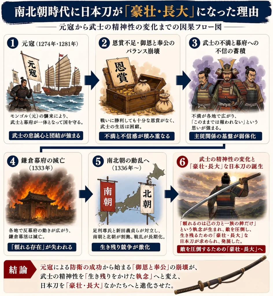 南北朝時代に日本刀が「豪壮・長大」になった理由を、元寇から武士の精神性の変化まで段階的に示した因果フロー図