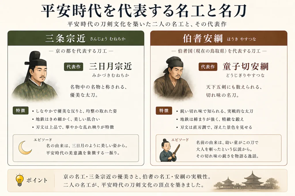 平安時代を代表する名工と名刀。三条宗近の三日月宗近と、伯耆安綱の童子切安綱を紹介