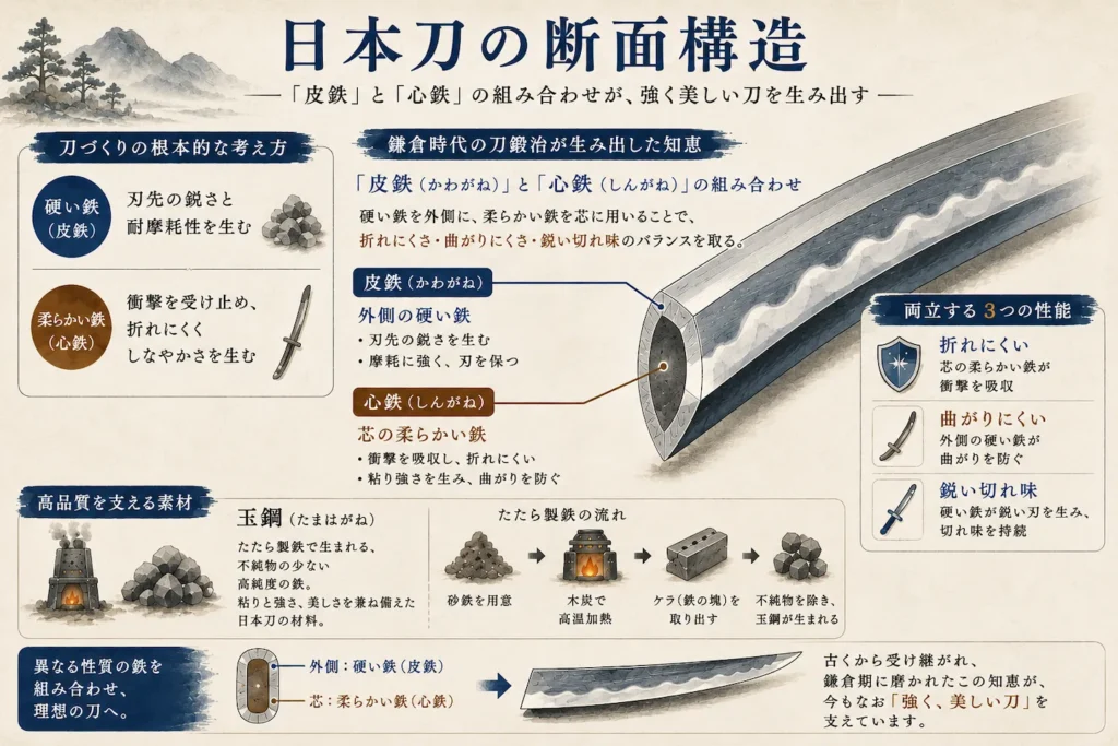 日本刀の断面構造の図解。外側の硬い「皮鉄」と、芯になる柔らかい「心鉄」を組み合わせることで、折れず・曲がらず・よく斬れるを両立させるしくみ