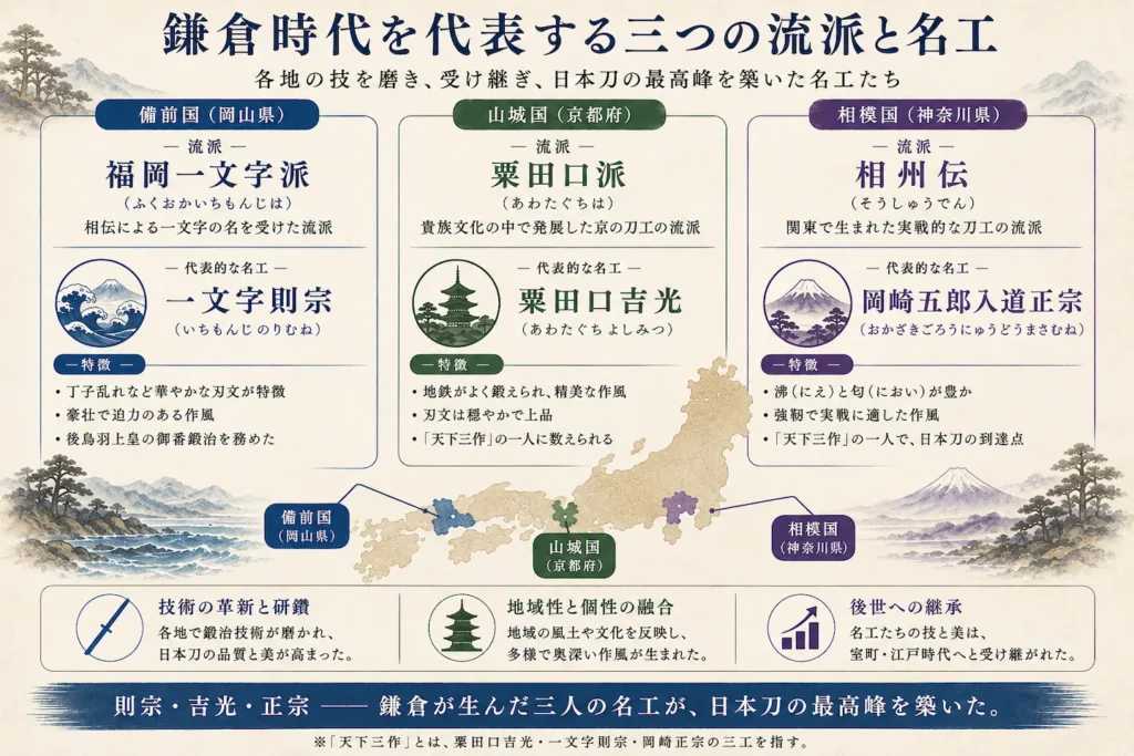 鎌倉時代を代表する三つの流派と名工。備前国の福岡一文字派・一文字則宗、山城国の粟田口派・粟田口吉光、相模国の相州伝・正宗を地域別に紹介