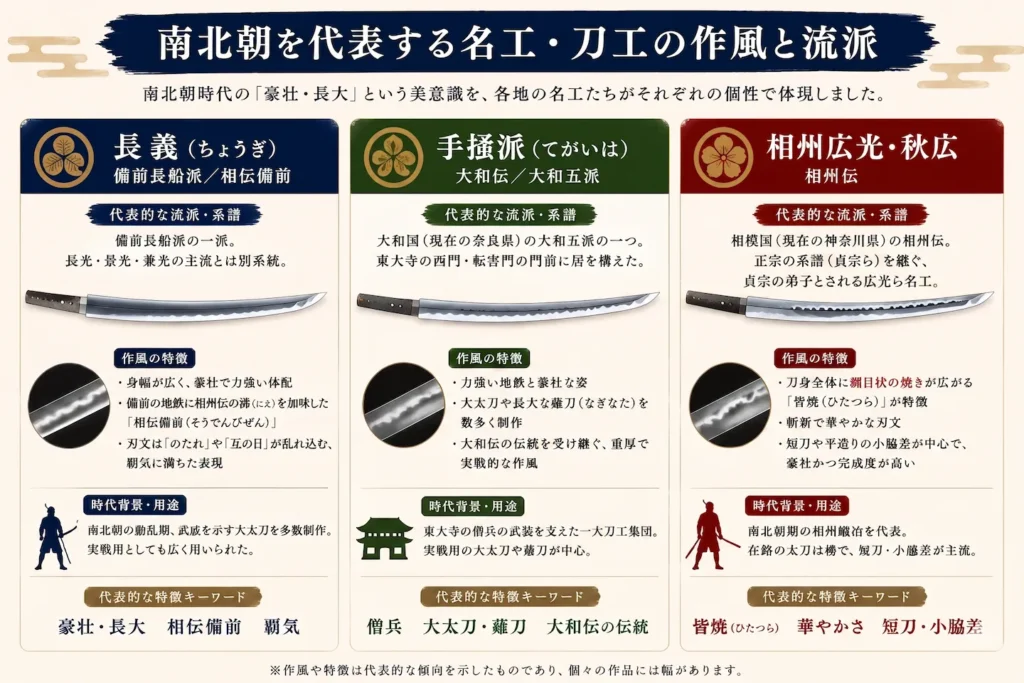 南北朝を代表する名工・長義(備前長船派/相伝備前)、手掻派(大和伝/大和五派)、相州広光・秋広(相州伝)の作風と流派を3枚のカードで整理したインフォグラフィック